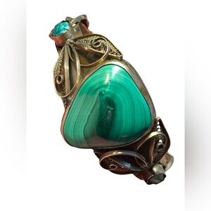 Vintage mid century filagree Green Malachite Statement Bracelet hinged  bangle